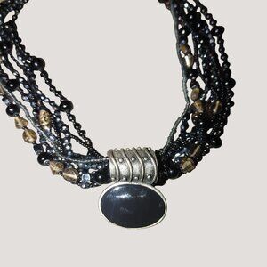 Necklace Multi-Strand Black Beaded Stone Silver Tone Accents Long Adjustable